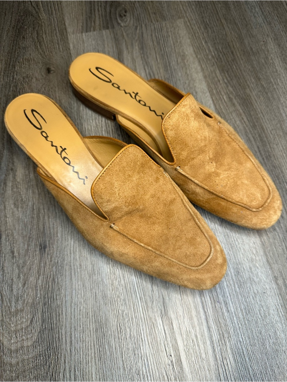Santoni Tan Suede Backless Loafer Mules Slip On Flats Italy Sz 9 Old Money Chic